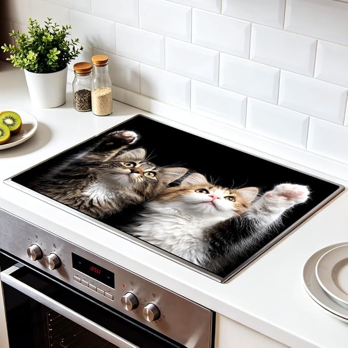 Stove Top Cover for Electric Stove 28.4 x 20.5 Inch Non Slip Stove Mat Oil Proof Two Kittens Glass Cooktop Protector Kitchen Counter Mat