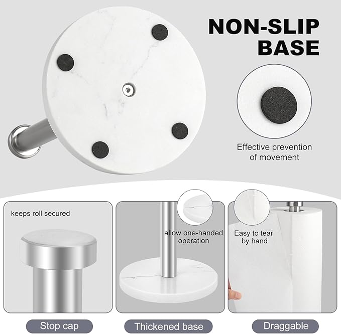 Standing Paper Towel Holder, Kitchen Paper Towel Roll Holder- for Bathroom Kitchen Countertop with Weighted Marble Base for One-Handed Operation (Silver), Silver Paper Towel Holder