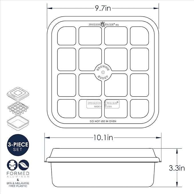 Nordic Ware Brownie Buddy Kit, 9-Inch Square Pan with Plastic Slicer and Lid