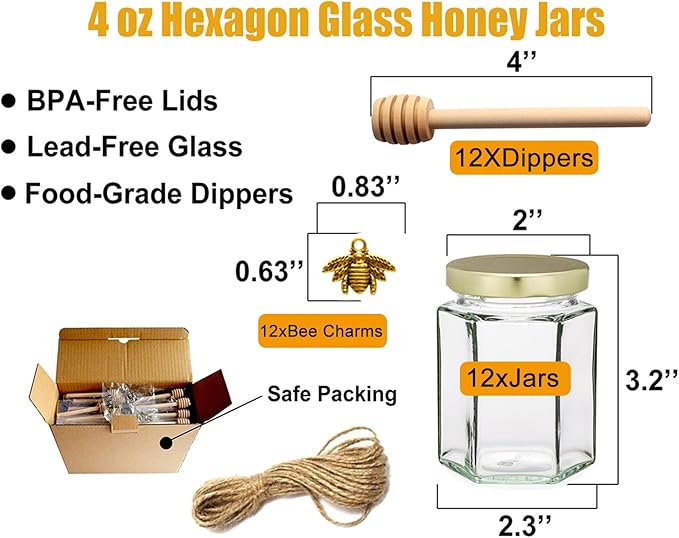 Adabocute Honey Pot, Glass Honey Jars with Wood Dipper, Gold Lid, Bee Charms, Gold Organza Bags, Thank-you Tags, Ideal for Bee Party Favors, 4oz 12 Pack