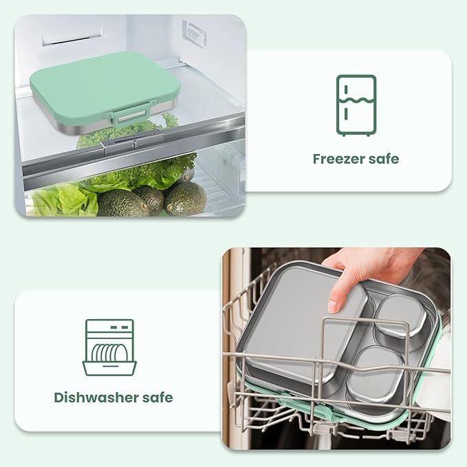 LOHASOK Stainless Steel Lunch Box: Metal Bento Box for Kids Adults - Leak-Proof 3 Compartments,Green