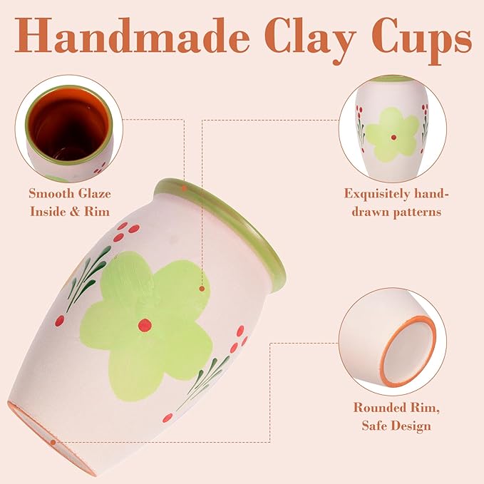 FirstGift 6-Pack Cantaritos de Barro Mexicanos – 12 oz Handmade Clay Cups for Margaritas, Taco Tuesday, Mexican Fiesta (Dishwasher & Microwave Safe)