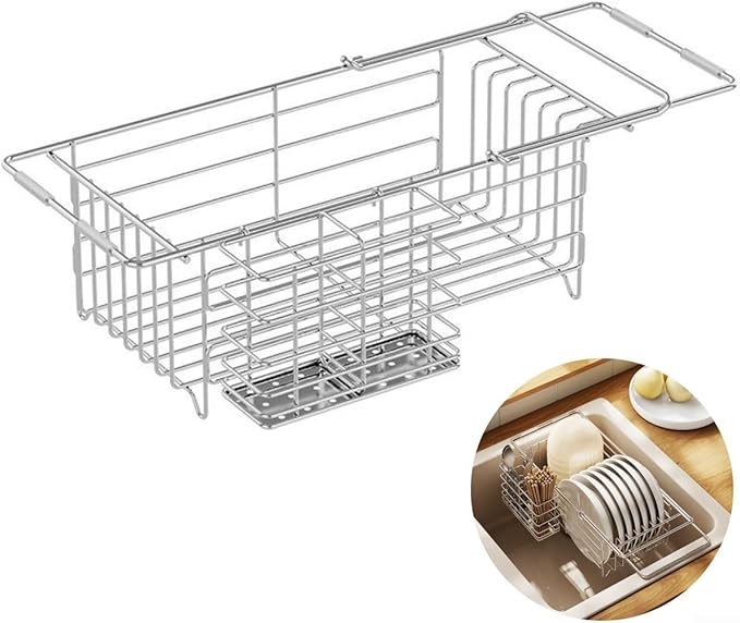 Expandable Stainless Steel Dish Drying Rack with Utensil Holder, Over The Sink Dish Drainer Basket for Kitchen, Space Saving Air Dry Organizer, Silvery, 40.5x18x13cm