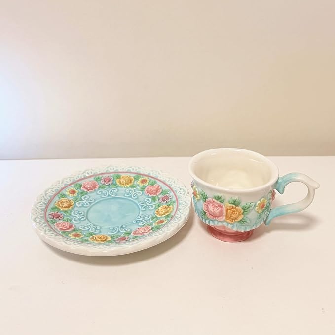 Ceramic Coffee Mug and Saucer Set for Women, Vitorian Hand-painted Rose Flower Tea Cup - 3oz(Multicolour)