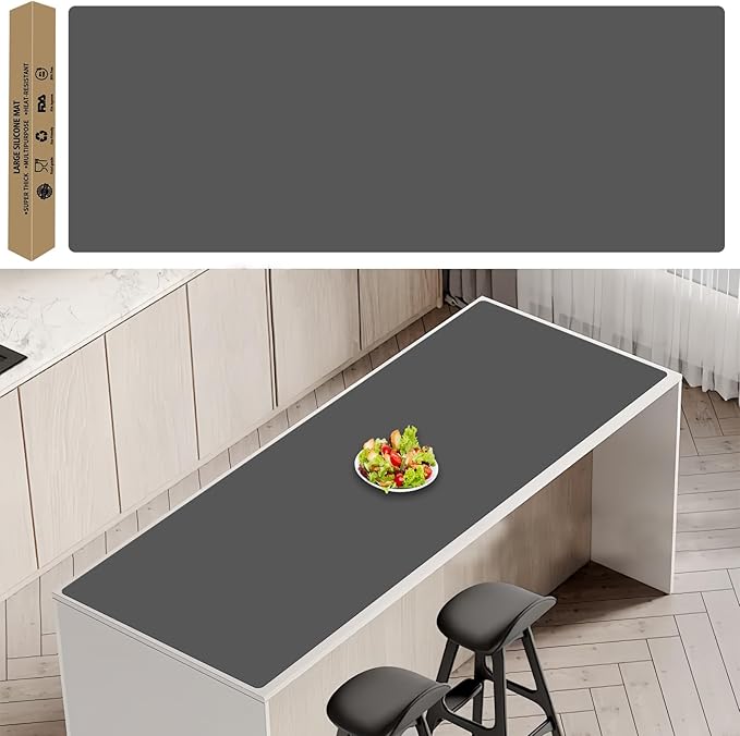 78.7''x23.6''(200cmx60cm) Extra Large Silicone Mat for Kitchen Counter, Heat Resistant Non-Slip Kitchen Island Protector Mat, Silicone Placemat for Countertop Protector, Dark Gray