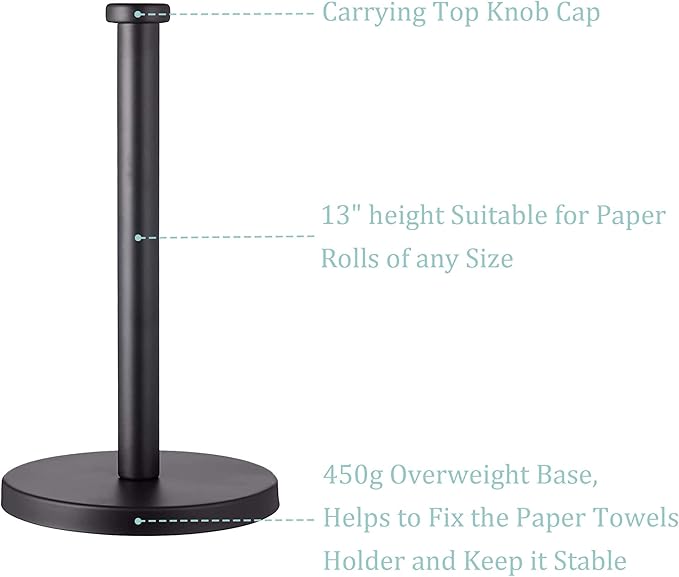 Black Standing Paper Towel Holder for Kitchen& Bathroom Countertop,Under Counter, Table Or BBQ, Standard or Jumbo-Sized Roll Paper (with Stainless Steel Base)