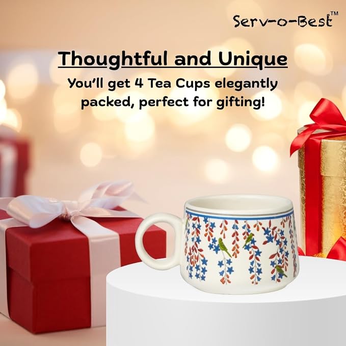 Servo Best Handmade Cermaic Tea Cup Set of 4-5 Oz Small Cups for Espresso, Cappuccino, Tea, Chai – Dishwasher & Microwave Safe – Gift Set for Coffee Lovers, Kitchen, Home, Office - Floral Print