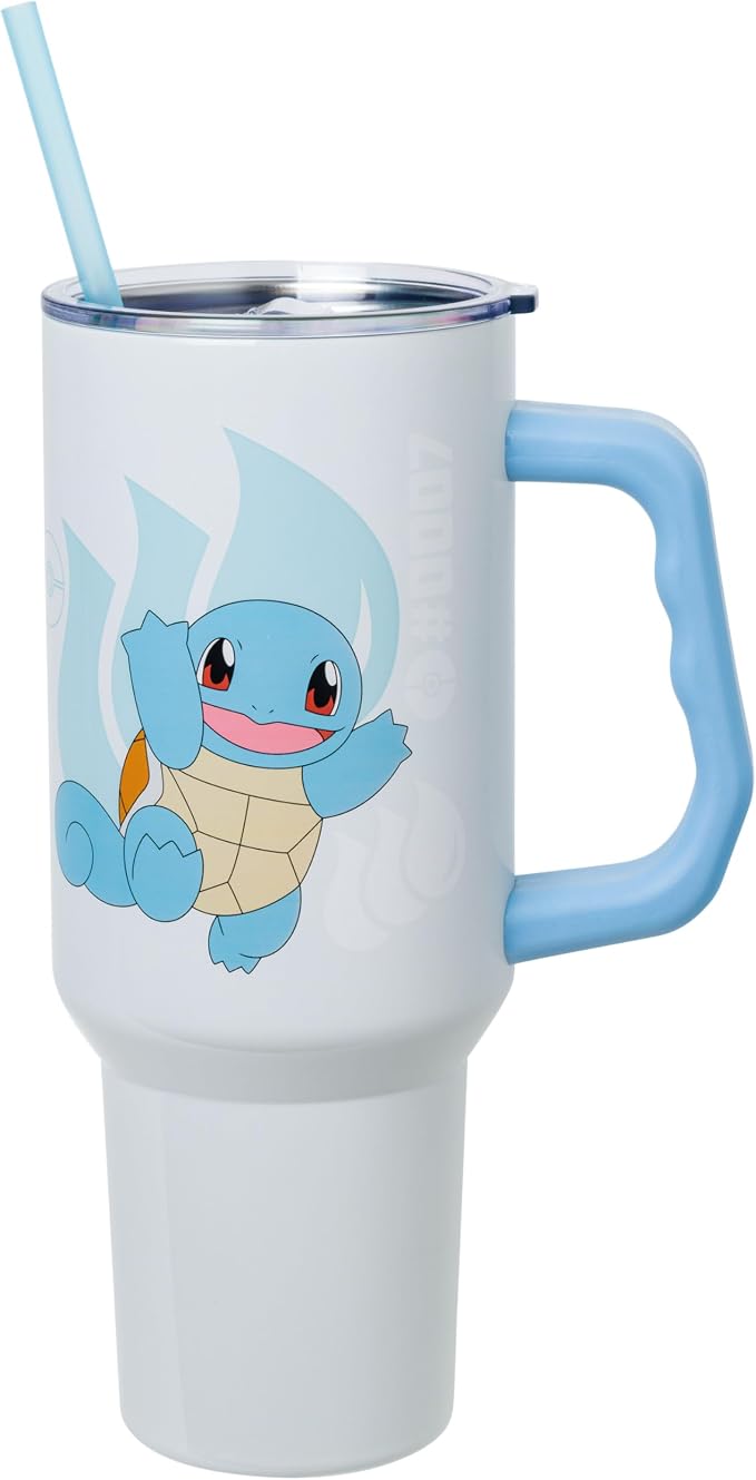 Silver Buffalo Pokémon Featuring Squirtle Double Walled Stainless Steel Tumbler with Handle and Straw, Fits in Standard Cup Holder, 40 Ounces
