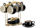 YOLIFE Espresso Cups with Saucers Set and Gold Metal Stand, 2.5oz Expresso Shots Cup with Stand & Saucers, Ceramic Coffee Espresso Cups Set of 6, Black