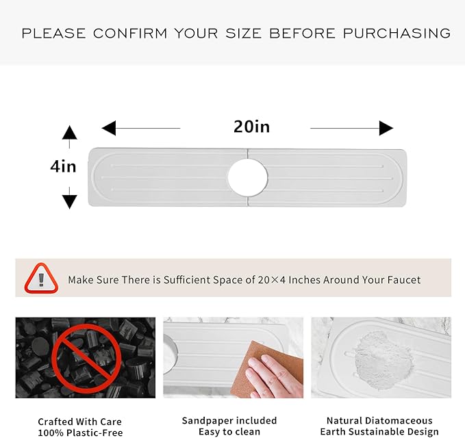 Stone Faucet Mat for Kitchen Sink, Diatomite Fast Drying Absorb Moisture Tray, Prevents Water Buildup, Durable Anti-slip Splash Guard Sink Protector (White, 20“x4”)