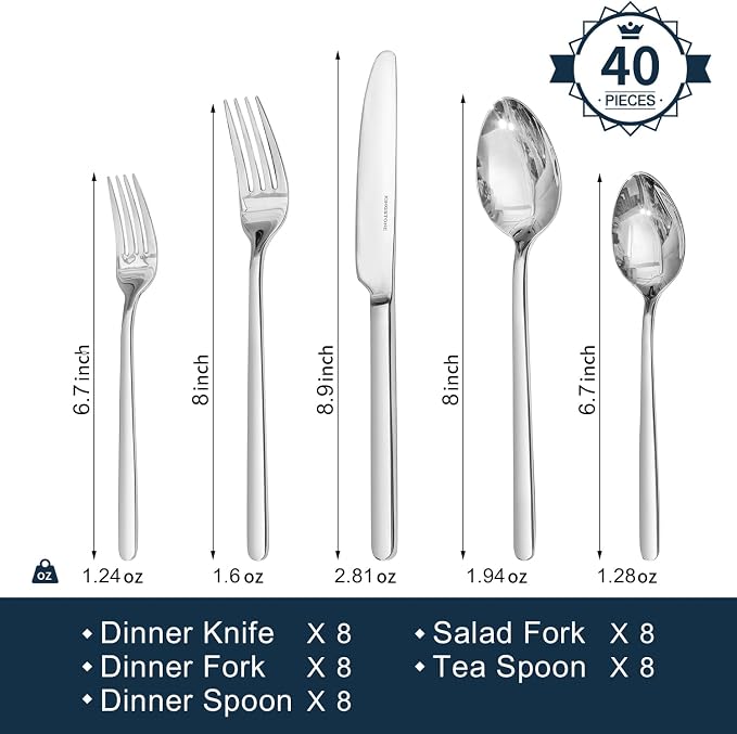 KINGSTONE 24-Piece Bone China Dinnerware Set with 40-Piece flatware, Ivory White Lightweight Porcelain Service for 8, for Family Dining, Restaurants, Gifting, Microwave and Dishwasher Safe