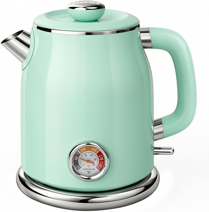 Mecity Retro Electric Kettle 1.7L, Stainless Steel Interior (No Plastic Contact), Double Wall Cool Touch, Fast Boil 1500W, Thermometer (°F/°C), Removable Lid, Wide Opening Easy Cleaning, 120V, Green