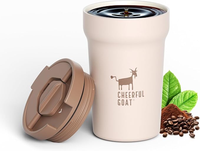 CHEERFUL GOAT Ceramic Lined Coffee Mug – Stainless Steel Travel insulated Tumbler with Ceramic Liner, with lid 12oz Leak Proof Cup for Hot and Cold Water Coffee at Home, Office, or In the Car (Coffee)