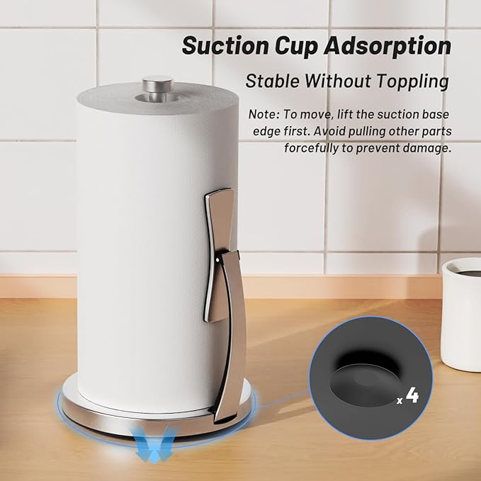 VEHHE Paper Towel Holder Countertop, Paper Towel Holder with Spring Activated Arm and Damping Effect, Simply Tear Paper Towel Stand for Bathroom and Kitchen (Silver)