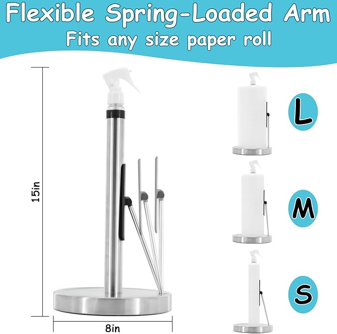 Paper Towel Holder with Spray Bottle, Countertop Kitchen Paper Towel Dispenser, Featuring Spring Arm and Weighted Base for One-Handed Operation (Brushed Nickel)