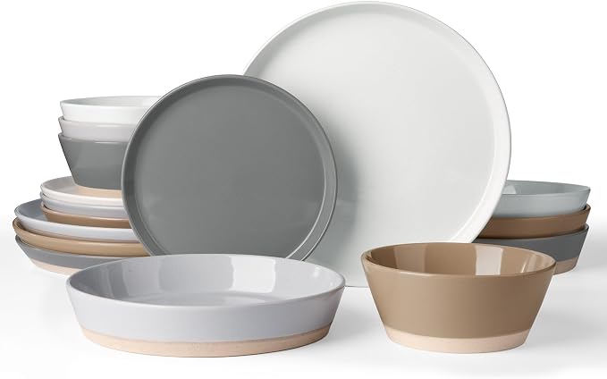 Famiware Saturn 16 Pieces Plates and Double Bowls Sets for 4, Stoneware Dinnerware Set with Pasta Bowl, Dish Set with Trim - Chip & Scratch Resistant, Microwave & Dishwasher Safe, Multi-color