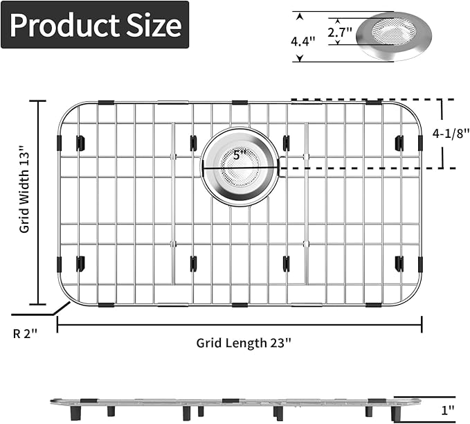 23’’ x 13’’ Sink Protectors for Kitchen Sink, Stainless Steel Kitchen Sink Protector, Sink Grate for Bottom of Kitchen Sink with Rear Drain, Sink Grid for Single Bowl Kitchen Sink