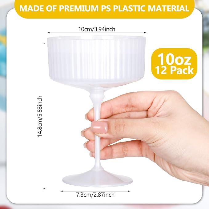 Jingmore 12 Pcs Ribbed Martini Glasses 10 oz Disposable Plastic Vintage Ribbed Coupe Glasses with Gold Rim Cocktail Unbreakable Dessert Parfait Glassware for Wedding Party Supplies (Pearl White)