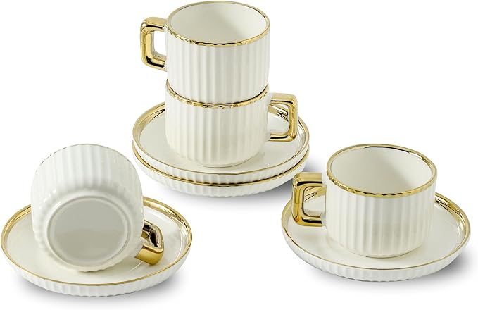 LETAOTAO Espresso Cups Set of 4, 3oz Espresso Cups and Saucers, Ceramic Coffee Cups with Gold Trim, Stackable Mini Demitasse Mugs for Espresso, Cappuccino,Latte, Americano and Tea