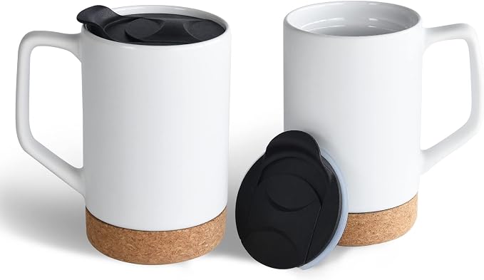 Ceramic Coffee Mug Set of 2, 17 OZ Large Coffee Mug with Removeable Cork Bottom and Splash Proof Lid, Large Handle Coffee Mugs for Men and Women, Great for Coffee, Tea, Hot Chocolate(Matte White) | Large Mug with Removeable Cork Bottom and Splash Proof...