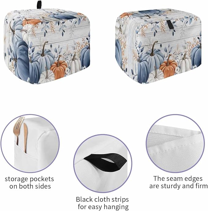Blue Pumpkins Fall Toaster Cover 2 Slice, Thanksgiving Eucalyptus Leaves Dustproof Bakeware Oven Protector with Hook, Rustic Wooden Waterproof Small Kitchen Appliance Toasters Dust Cover, 11"x6"x8"