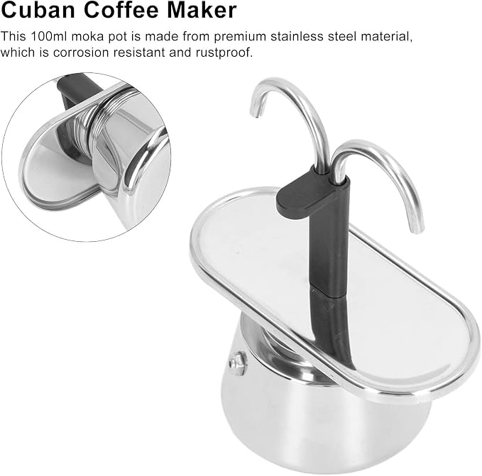 Stainless Steel Moka Pot, Moka Set includes Coffee Maker 2-Cup, 100ml Dual Pipe Stainless Steel Durable Food Grade Nonslip Thickened Strainer Widely Used Mocha Pot