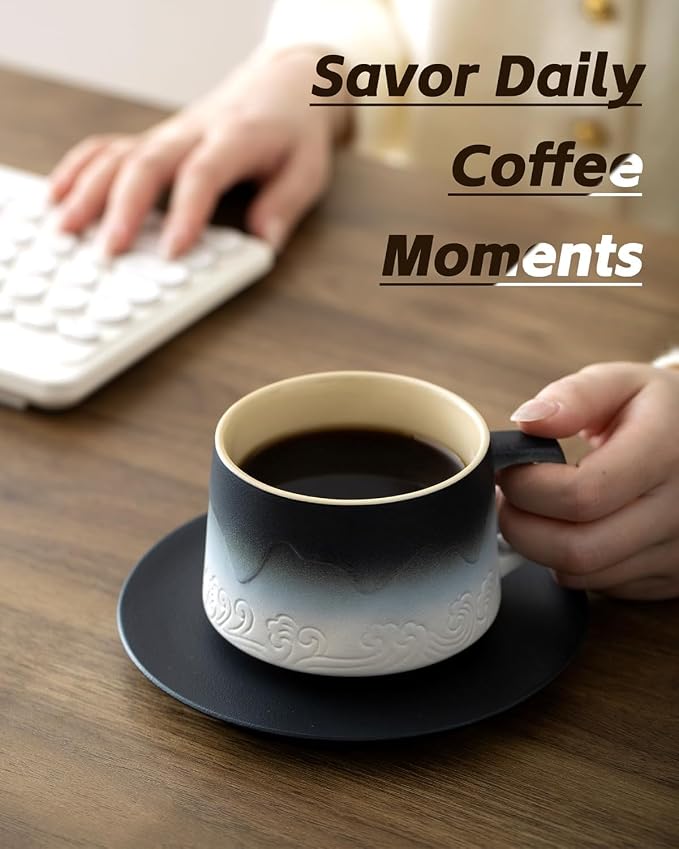 8 oz Cappuccino Cups Set of 2, Embossment Artistic Ceramic Coffee Cups with Saucers Set for Latte Art, Stoneware Cups for Cafe Au Lait, Black Tea, Coffee Lovers Gifts