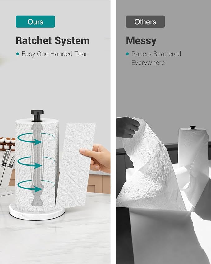 Paper Towel Holder Countertop, Marble Weighted Base, Glossy Black, One-Handed Tear, Freestanding Paper Towel Stand Rack with Ratchet Mechanism for Kitchen Toilet Bathroom Essentials Decor Accessories