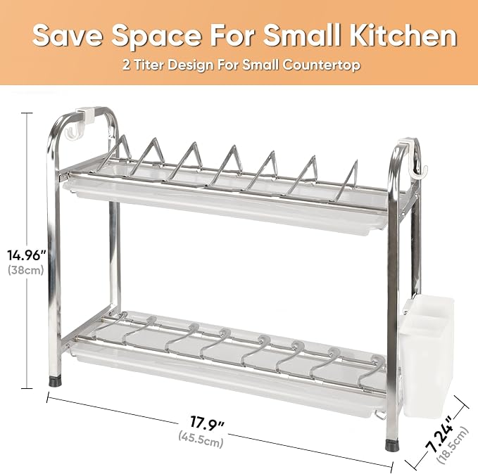 Dish Drying Racks,2 Titers Stainless Steel Dish Racks for Narrow Kitchen Counter,Dishwashing Rack with Adjustable Bowl and Plate Clips for Small RVs,17.9''D x 7.24''W x 14.96''H