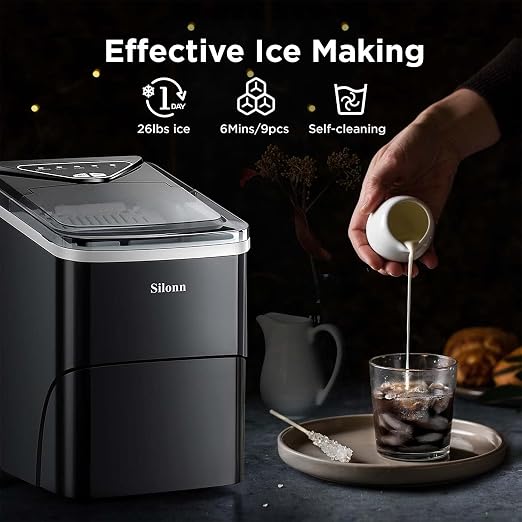Silonn Countertop Ice Maker - Efficient Self-Cleaning Ice Machine with 2L Capacity, 26lbs in 24Hrs, 2 Sizes of Bullet Ice for Home Party