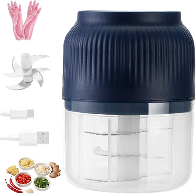 Household Electric Garlic Crusher, Electric Garlic Chopper, Usb Rechargeable Chopper With Stainless Steel Blades, One-Touch Mini Kitchen Helper, Easy To Clean, For Vegetables (Blue, 6 blades)