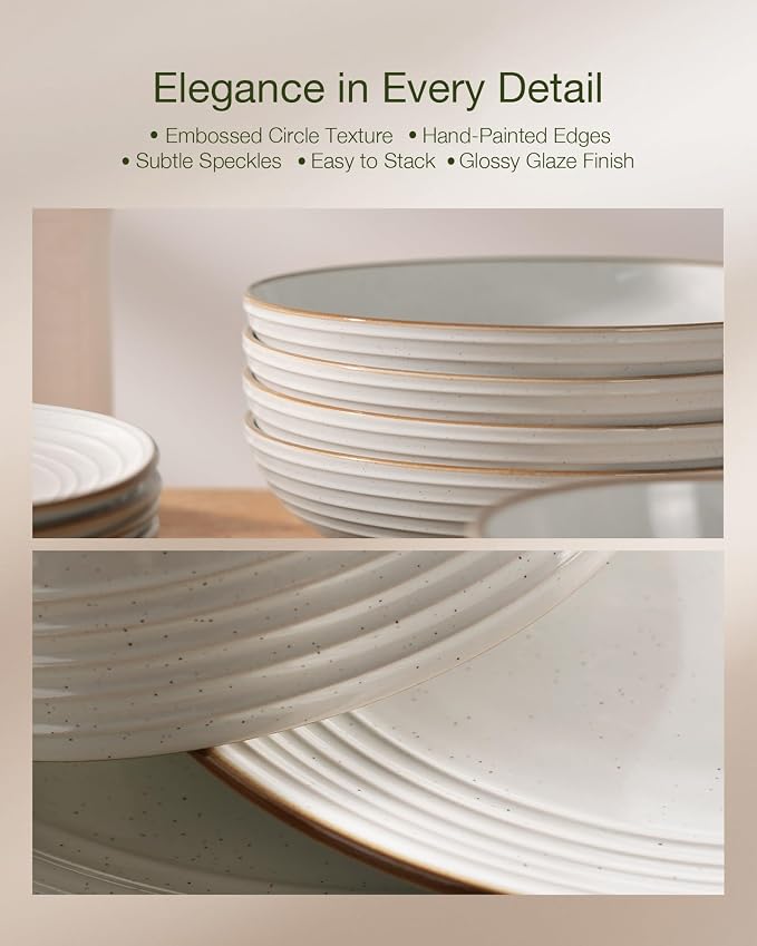 Famiware Jupiter 24-Piece Stoneware Dinnerware Set, Handcrafted Plates and Bowls with Speckles & Embossed Swirls, Chip/Scratch Resistant, Microwave/Dishwasher Safe, Rustic Dishes, Service for 8, White