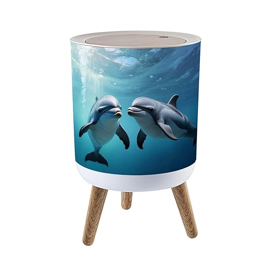 Trash Can with Lid Two Dolphins Happily Swimming Ocean Press Top Round Small Garbage Bin with Wooden Legs Waste Basket for Kitchen Bedroom Nursery 7L/1.8 Gallon