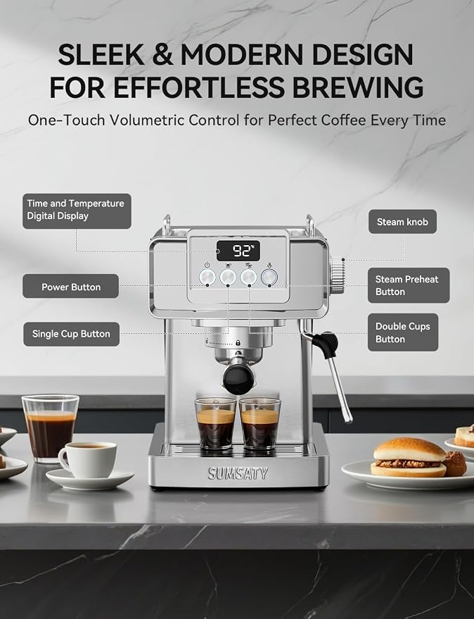 SUMSATY Espresso Machine 20 Bar, Stainless Steel Espresso Maker Professional Expresso Machine with Power Steam & LED Display for Home Barista, Americano, Latte, Cappuccino Maker, 1.8L Water Tank