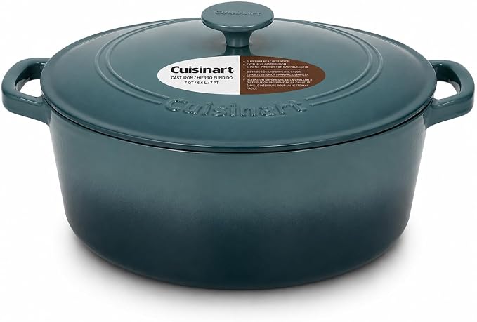 Cuisinart Chef's Classic Enameled Cast Iron Dutch Oven with Lid, Porcelain Enameled Interior, Oven Safe, Induction Compatible, 7-Quart, Round, Teal Gradient