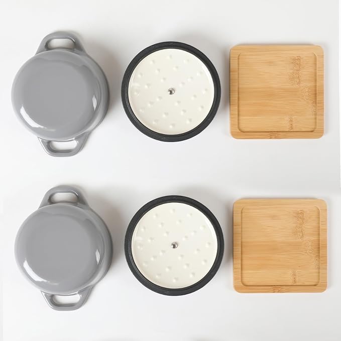 HAWOK Enameled Cast Iron Mini Dutch Oven, Dia5.51”, 23oz, with Bamboo Tray, Set of 2, Gray