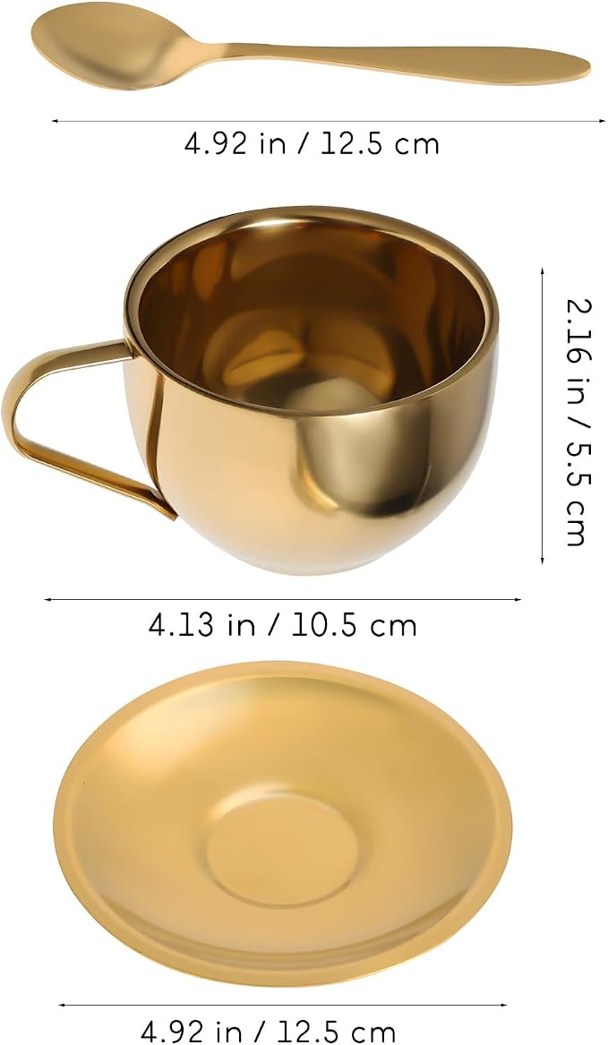 Hemoton Stainless Steel Coffee Cup Set with Saucer and Spoon 2-Piece 4.13X3.14X2.16In European Style Tea Mugs 304 Material for Home Cafe Party