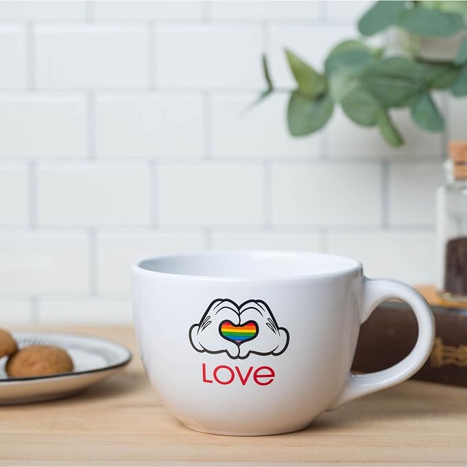 Silver Buffalo Disney Mickey Mouse Hands in Shape of Heart Rainbow Pride Love Ceramic Soup Mug, 24 Ounces