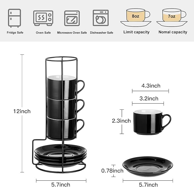 Cappuccino Cups Set of 4, 8oz Stackable Coffee Cups Set with Saucers and Metal Stand, Black Coffee Mugs and Saucers for Cappuccino, Latte, Americano and Tea