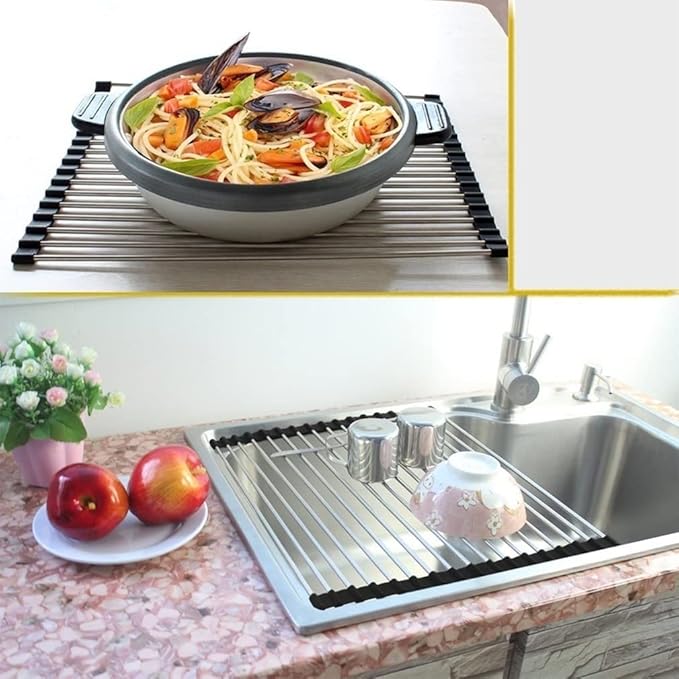 Foldable Silicone Over-the-Sink Dish Drying Rack Roll-Up Drainer Chopstick and Dishes Drain Stainless Steel Convenient