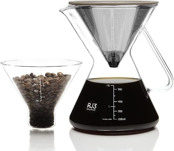 ovalware Pour Over Coffee Maker Set | 17oz / 0.5L Borosilicate Carafe with 304 Stainless Steel Filter and Precision Measuring Cup | Glass Coffee Dripper for Home Brewing