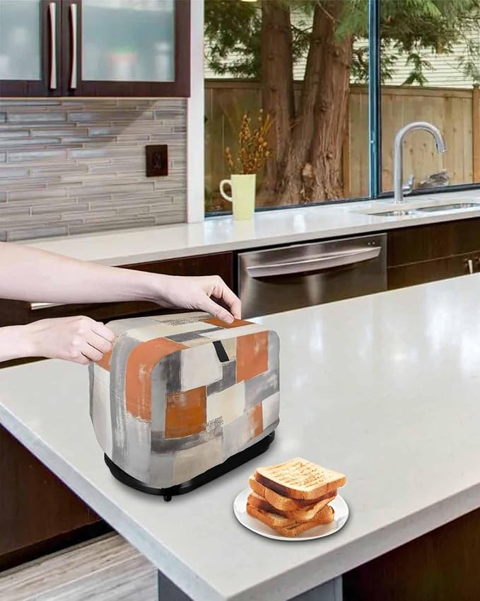 Burnt Orange Grey Toaster Cover 2 Slice, Oil Painting Modern Dustproof Bakeware Oven Protector with Top Hook, Abstract Art Waterproof Small Kitchen Appliance Toasters Dust Cover, 11"x6"x8"