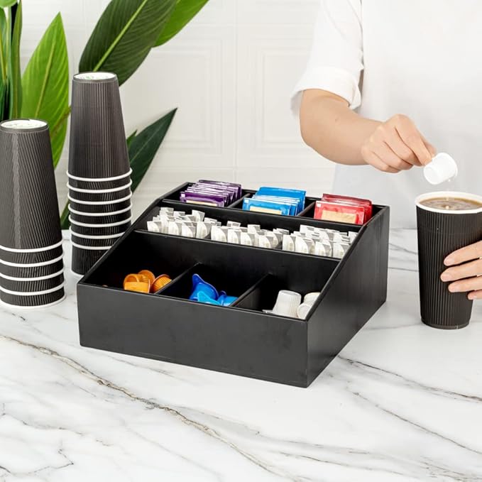 Restaurantware-11.75 x 5.5 Inch Coffee Condiment Organizer, 1 Square Creamer Organizer - 9 Compartments, Break-Resistant, Black Bamboo Coffee Accessory Caddy, Won't Chip, For Sugar Packets & Creamers