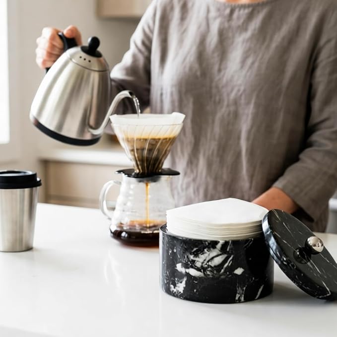 Marble Coffee Filter Holder – 6 inch Handmade Black Coffee Filter Holder with Lid, Storage Organizer for Kitchen Countertop & Bar Decor