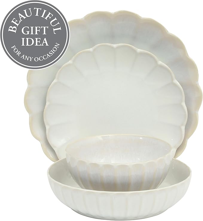 Gibson Elite Malibu Shore 16 Piece Scallop Stoneware Reactive Glaze (Service for 4) Ceramic Plates and Bowls Dinnerware Set - Shiny Cream White