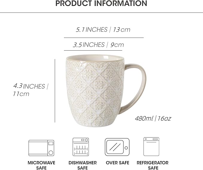 16OZ Ceramic Embossed Coffee Mugs Set, Large White Coffee Cups with Handles, Porcelain Mug Sets with Patterns for Milk, Tea, Latte, Cocoa, Mocha, Cappuccino, Dishwasher Safe, Cups Set Gift (4PCS)