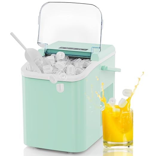 NEWBULIG Countertop Ice Maker Machine with Handle, Portable Bullet Ice Maker Produces 9 Cubes in 6 Minutes, 26 lbs per 24 Hours, Includes Basket & Scoop, for Home Kitchen RV Camping Party, Green