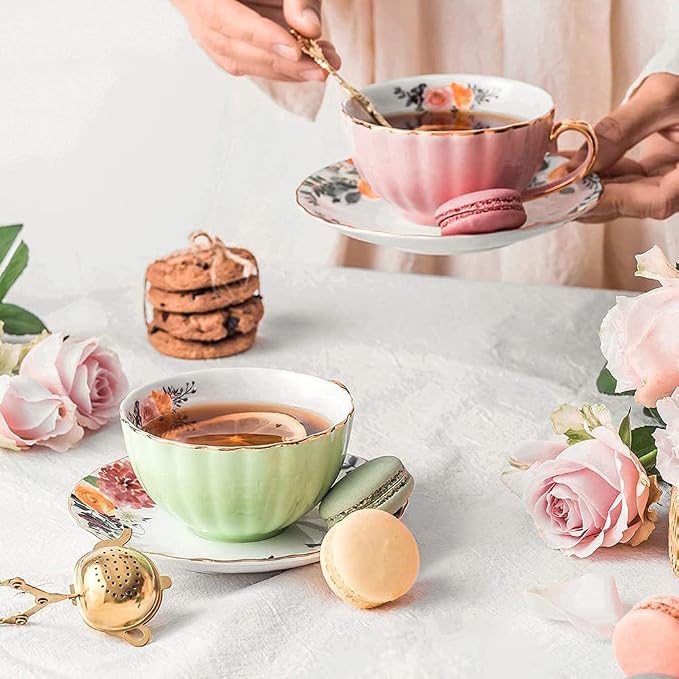 Porcelain Tea Cup with Saucers and Spoon, 2 Sets of 8 Oz Floral Coffee Mug with Gold Trim Holder, Royal Ceramic Teacup Set, Espresso Latte Mugs for Wedding Birthday Table Supplies (Pink + Apple Green)
