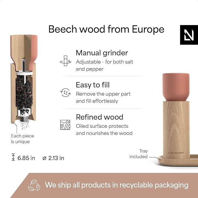 LARS NYSØM Wooden Salt and Pepper Grinder Set Manual with Tray - Salt and Pepper Mills with Adjustable Ceramic Grinder - Elegant Beechwood Pepper and Salt Mill Set for Dining Table (Brick Red)
