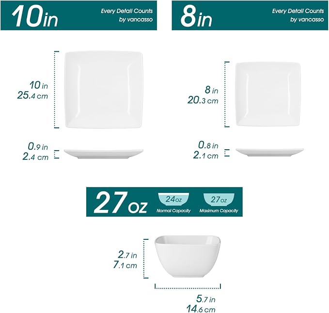 vancasso Soho Dinnerware Sets 12 Pieces, White Stoneware Square Place Setting, Dinner Plate, Dessert Plate, Bowls Service for 4